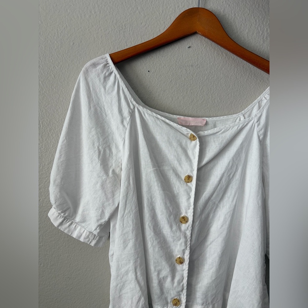 Everlane Linen Puff Sleeve Square Neck Button Peasant Blouse Women’s 14 Large - Picture 2 of 9